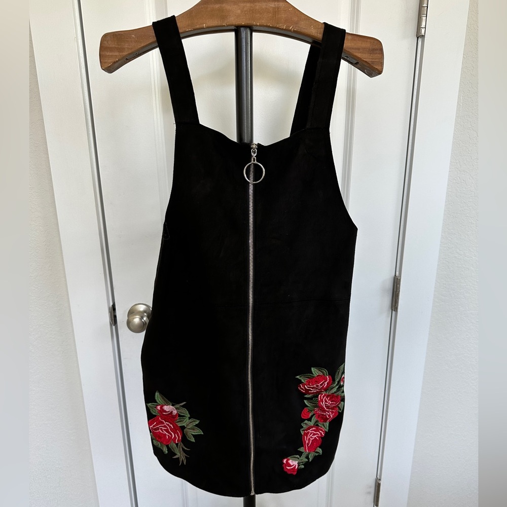 Black Faux-Suede Mango Pinafore Dress with Rose Embroidery